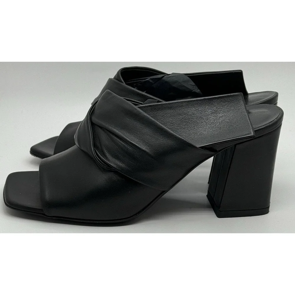 Via Spiga Black Leather Open Toe Block Heel Mule Sandals Women's‎ 6 Italy